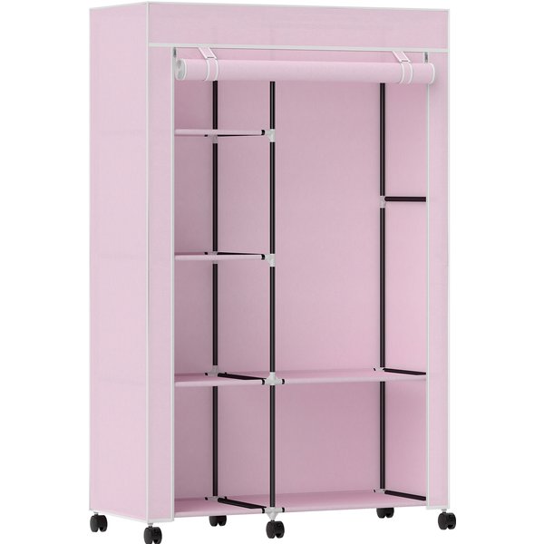 HOMCOM Stoff-Kleiderschrank mit Rollen, tragbarer Schrank, mit Kleiderstange, 6 Regalen, Stahlrahmen, für Schlafzimmer, Ankleidezimmer, 103x43x162,5 cm, Rosa Aosom