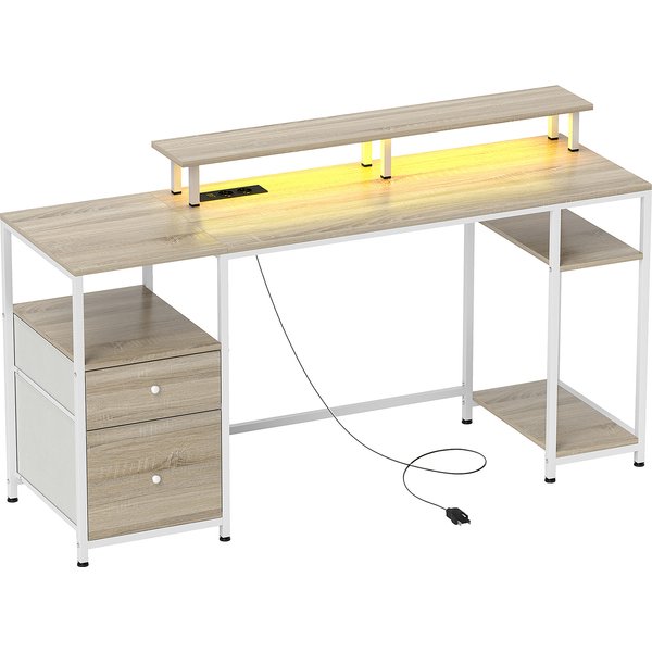 HOMCOM Computertisch mit einstellbarer LED-Beleuchtung, 155,5 x 48 cm, mit 2 Steckdosen, USB-Anschlüssen, Schubladen, Ablagen und Monitorhalter, Schreibtisch zum Lernen, Naturholzoptik Aosom