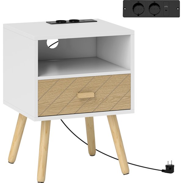 HOMCOM Nachttisch mit Ladestation, Nachttisch mit Schublade, 2 AC-Steckdosen, USB- und Typ-C-Anschluss, offenes Fach, Holzbeine, für Wohnzimmer, Schlafzimmer, Weiß Aosom