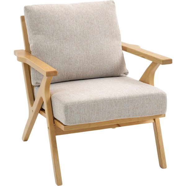 HOMCOM Wohnzimmersessel, skandinavischer Sessel in Leinenoptik mit dicken Kissen, gepolsterter Sitz und Beinen aus Hevea-Holz, Wohnzimmer, Schlafzimmer, Leseecken, beige Aosom