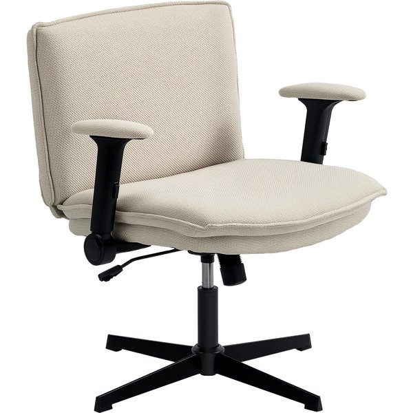 HOMCOM Bürostuhl für Überkreuzte Beine, Schreibtischstuhl mit klappbaren Armlehnen, 63 cm breiter Sitz, ohne Rollen, höhenverstellbar, drehbar, Kippfunktion, Leinenbezug, Creme Aosom