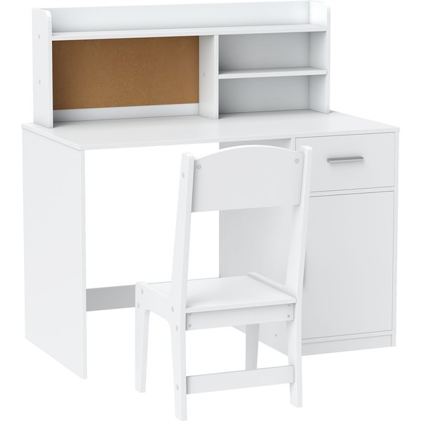 AIYAPLAY Set Schreibtisch und Stuhl für Kinder mit Regalen, Schrank, Schublade und Pinnwand, Tisch- und Stuhl-Set für Kinder 3-12 Jahre, Holzschreibtisch für Kinderzimmer, Lernraum, Weiß Aosom