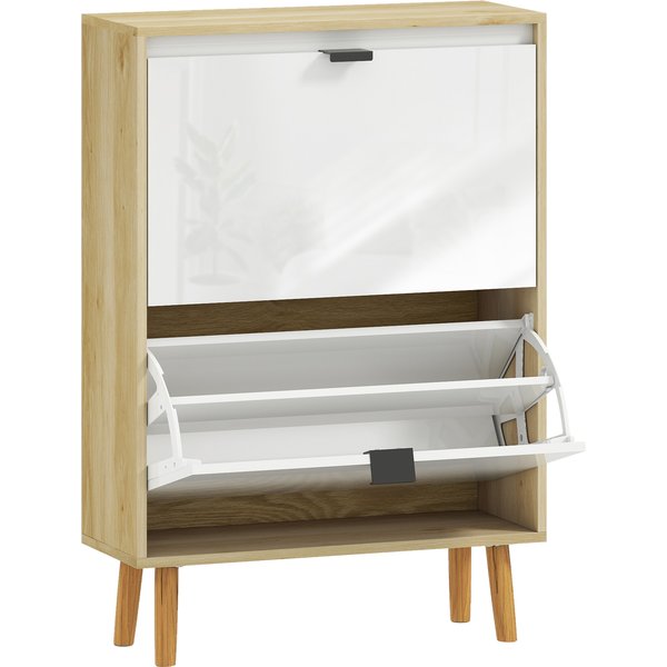 HOMCOM Schuhschrank schmal mit 2 Türen Hochglanz-Weiß, Schuhschrank für Flur mit verstellbaren Einlegeböden, Holzbeine, für 12 Paar Schuhe, 60x24x91 cm Weiß Aosom