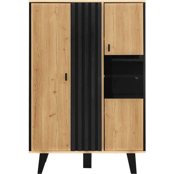 Meuble D'appoint Avec Vitrine, éClairage Led Et Verre, 80X40X120 Cm, Couleur Naturelle+Noir-image