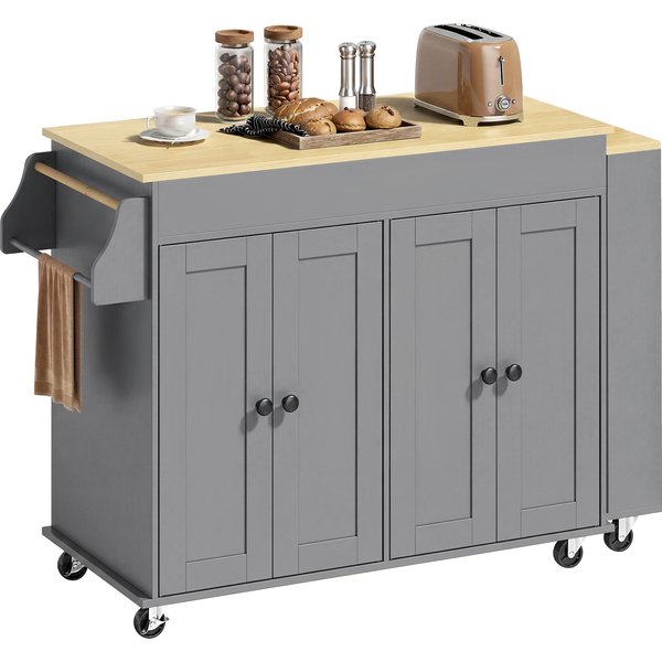Homcom ÎLot De Cuisine Sur Roulettes Plan De Travail Extensible 4 Portes ÉTagèRes RéGlables Range-éPices Et Porte-Serviettes Gris-image
