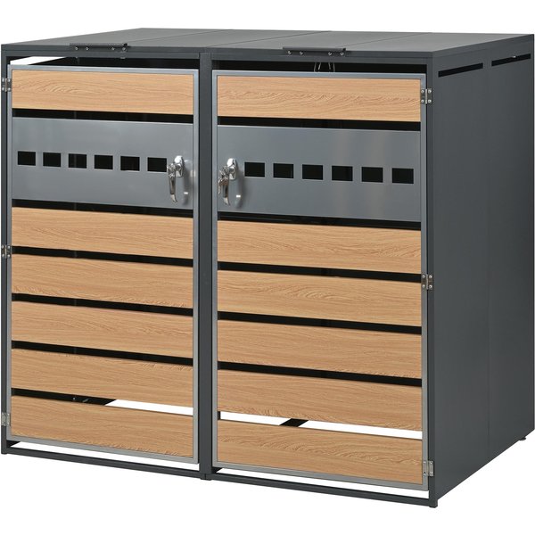Mülltonnenbox mit hydraulischem Klappdeckel, mit 2 separaten Fächern und abschließbaren Türen, 132x80x118,5 cm, Grau+Naturfarbe