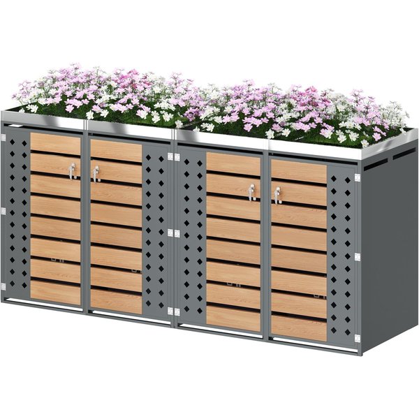 Mülltonnenbox 4‑fach, abschließbar mit integriertem Pflanzkasten, 264x80x124.5 cm, Grau+Naturfarbe