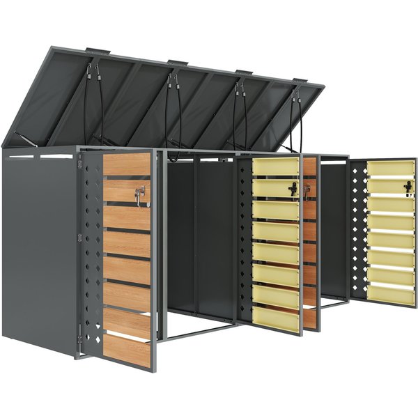 Mülltonnenbox mit 4‑fach Aufbewahrung, rautenförmiger Seitenperforation für Belüftung, 264x80x118,5 cm, Grau+Naturfarbe