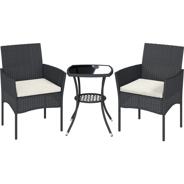 Outsunny 3 Piece Rattan Bistro Set, PE Wicker Garden Furniture Conversation Set with 2 Tier Glass-Top Table, Chairs, Cream White | Aosom Ireland