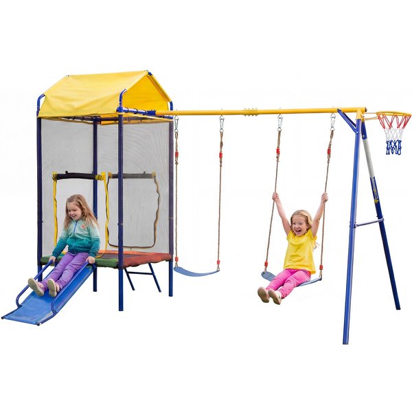 Jeu D'extéRieur Multifonctionnel 4 En 1 Pour Enfants, Trampoline Avec Filet De SéCurité, Pour 3–8 Ans, 336X217X238 Cm, Multicolore-image