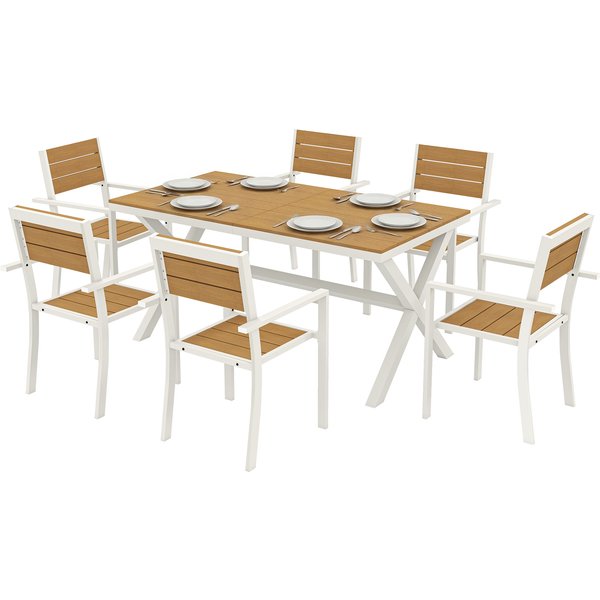 Outsunny Ensemble De Mobilier De Jardin 7 PièCes Table Avec 6 Chaises Empilables Aspect Bois Cadre En Aluminium Teck-image