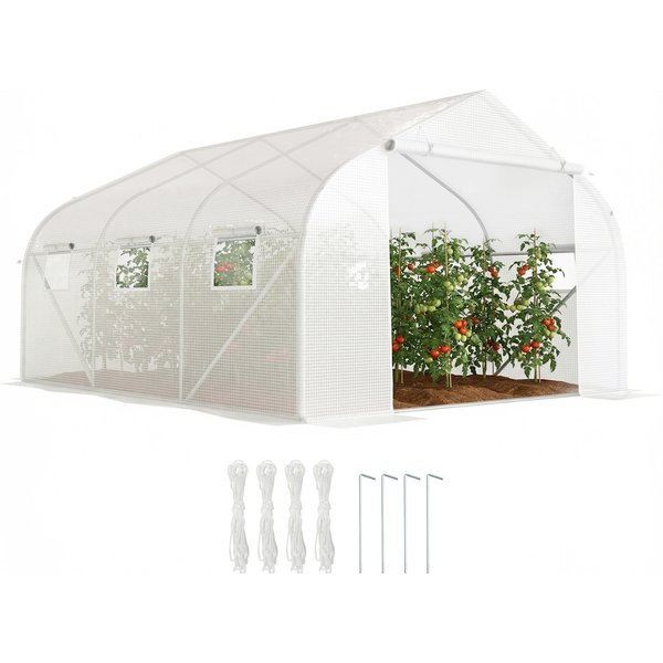 Outsunny Greenhouse, 2H x 3.5L x 3W m Walk-in Tunnel PE Mesh Greenhouse w/ Door and 6 Windows, White | Aosom Ireland