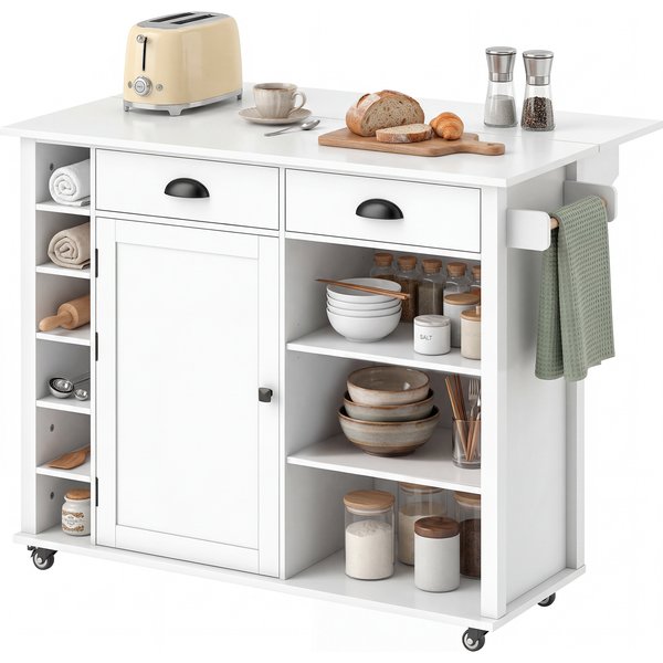 Homcom ÎLot De Cuisine Sur Roulettes Plateau Rabattable Porte-éPices Porte-Serviettes Armoire 2 Tiroirs 117,5X70X91 Cm Blanc-image