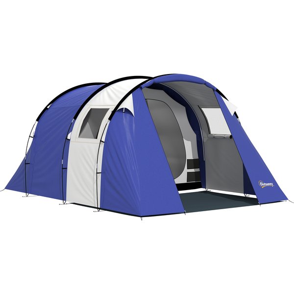 Outsunny Campingzelt für 4 Personen, Familien-Tunnelzelt mit 2 Schlafräumen, 3000 mm wasserdicht, einfacher Aufbau, mit 3 Fenstern und Vordach, Bodenplane, Tragetasche, Dunkelblau Aosom