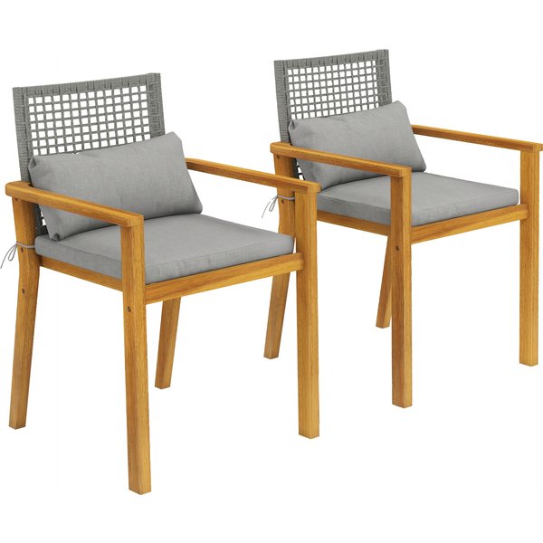 Outsunny 2er-Set Gartenstühle stapelbar aus FSC-Akazienholz, Outdoor-Rattan-Stühle mit Armlehnen, Sitz- und Dekokissen, für Garten Balkon Terrasse, 59x55x86 cm, Holzfarbe Aosom