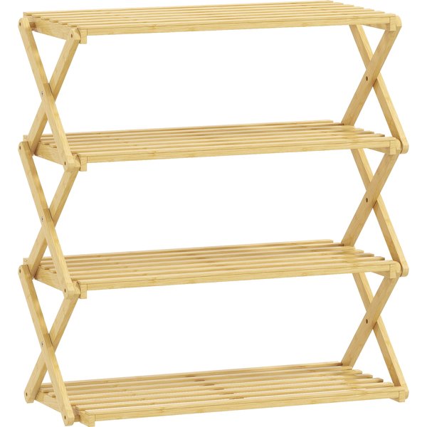 HOMCOM Four-Tier Folding Bamboo Shoe Rack - Natural Finish | Aosom Ireland