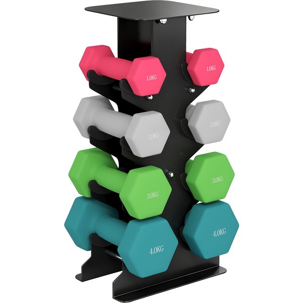 SPORTNOW Hex Dumbbells Set with Dumbbell Rack, Hand Weights for Home Gym Strength Training, 2 x 1kg, 2 x 2kg, 2 x 3kg, 2 x 4kg | Aosom Ireland