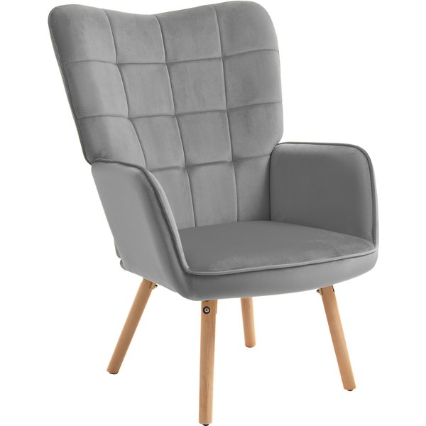 HOMCOM Grey Velvet Accent Chair Tufted Wingback Upholstered with Wood Legs Modern Lounge Sofa | Aosom Ireland