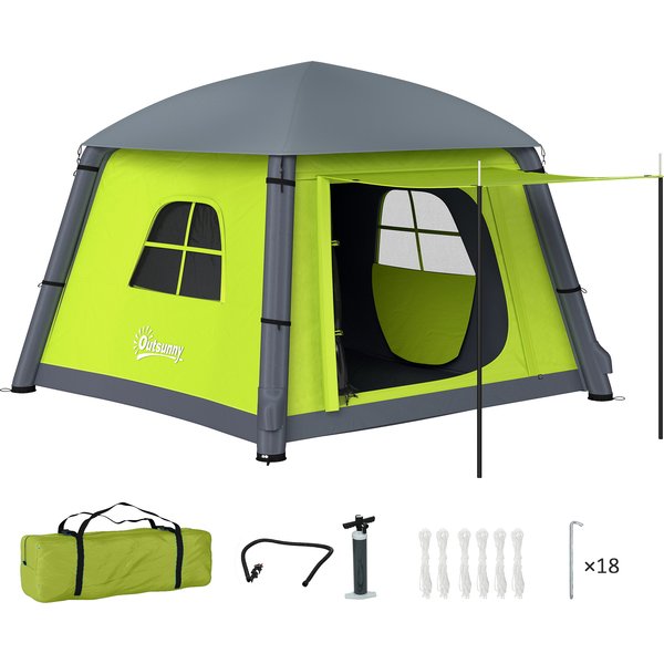Outsunny Inflatable Camping Tent w/ Hand Pump, Easy Setup 1/2 Person Blow Up Tent Waterproof 190T Taffeta w/ Mesh Windows, Doors and Carry Bag, Green | Aosom Ireland
