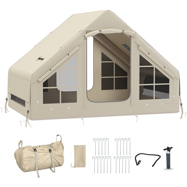 Outsunny Inflatable Camping Tent with Pump and Stove Jack Hole, Easy Setup 2-4 Person Blow Up Tent, Waterproof Luxury Inflatable Tent with Mesh Windows, Doors, Hook and Carry Bag, Beige | Aosom Ireland