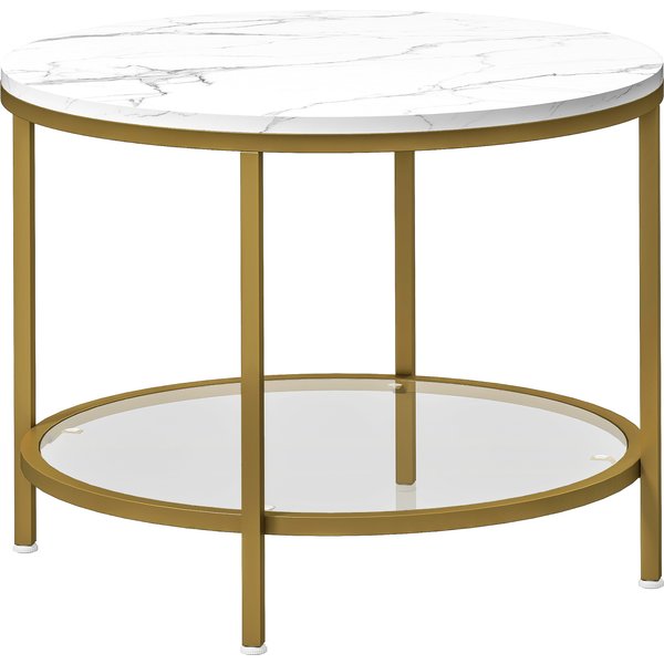 HOMCOM Modern Round 2-Tier Coffee Table with Faux Marble Top and Tempered Glass Shelf, Ø 60 x 45 cm, White and Gold | Aosom Ireland