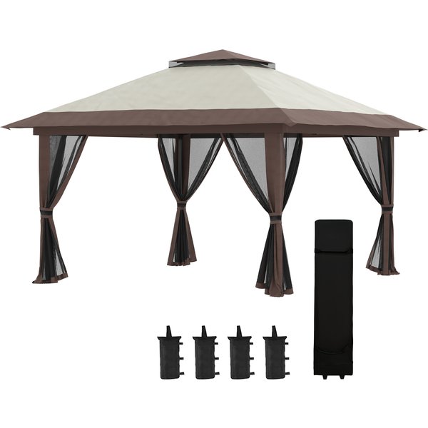 Outsunny Pop-up Folding Garden Gazebo Double Roof UV50+ Protection with 4 Zippered Mosquito Nets 4 x 4 m Beige | Aosom Ireland