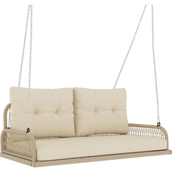Outsunny Hollywoodschaukel 2-Sitzer Rattan Gartenschaukel mit Kissen Ketten Hängebank bis 240 kg belastbar Hängeschaukel Schaukelbank Gartenbank für Garten Balkon 115 x 66 x 44 cm Beige Aosom