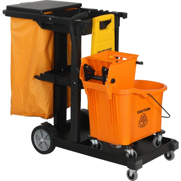Homcom Chariot De Nettoyage : Roues, 3 Plateaux, Sac 70L, Seau Avec Essoreur.-image