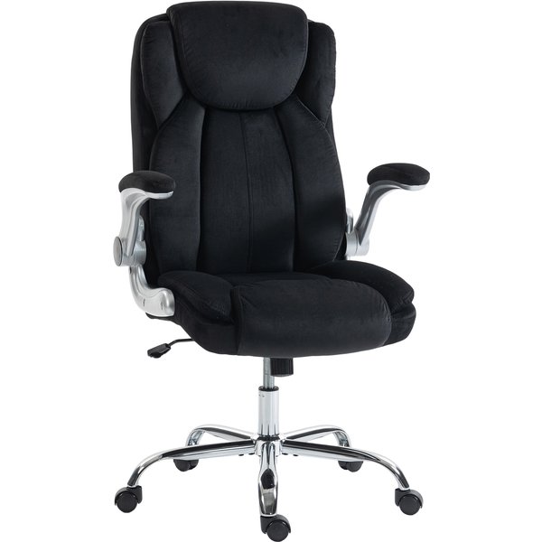 HOMCOM Ergonomischer Schreibtischstuhl, Bürostuhl mit hoher Rückenlehne, klappbare Armlehnen, Sitz mit Federn, höhenverstellbar, Wippfunktion, Samtbezug, Schwarz Aosom