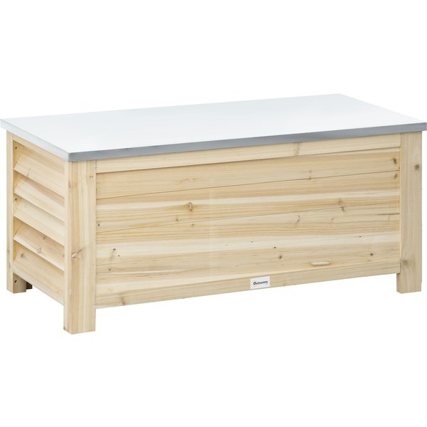 Outsunny 155L Outdoor Storage Box with Metal Top and Shutter Walls, Wooden Outside Tool organiser Container, for Garden, terrace