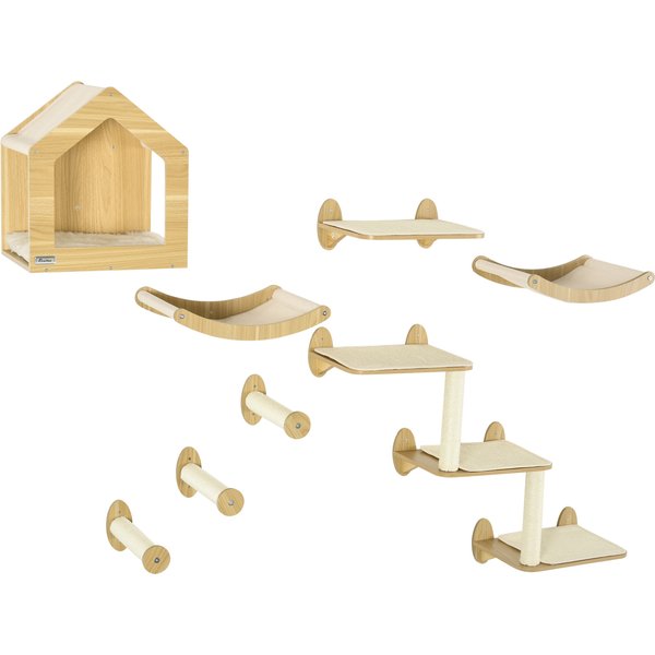 PawHut 8 Piece Cat Shelves Set, with Cat House, Three Perches, Three Scratching Posts | Aosom Ireland