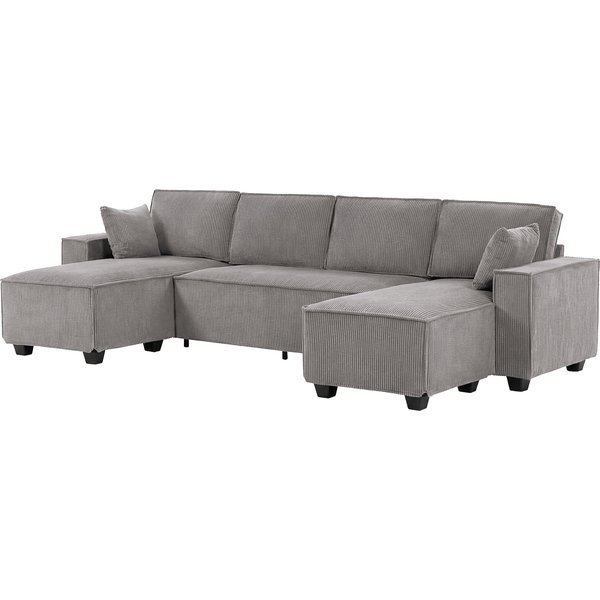 Homcom Canapé D'angle Avec Double Chaiselongues, Canapé En U En Velours CôTelé Avec Assise Large Et Profonde, Coussins à Ressorts EnsachéS, Gris Clair-image