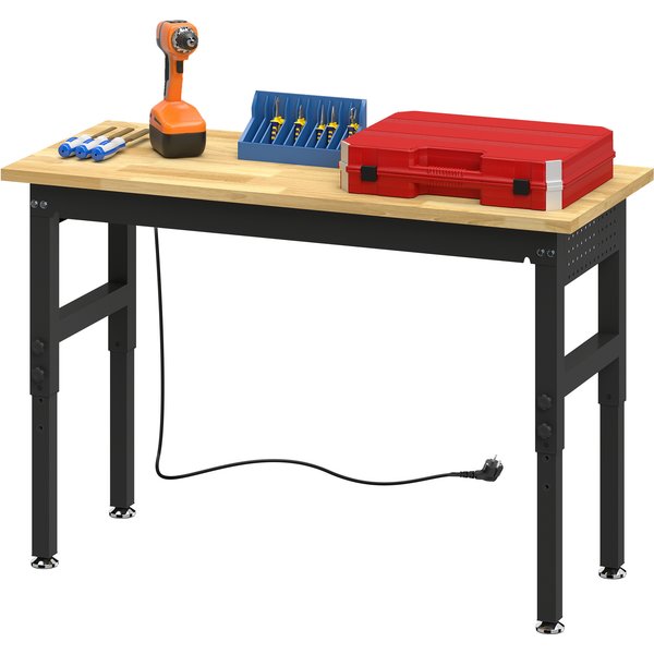 Homcom ÉTabli En Bois Et Acier à Hauteur RéGlable, 2 Prises Ac, Capacité 900 Kg, Bois Et Noir-image
