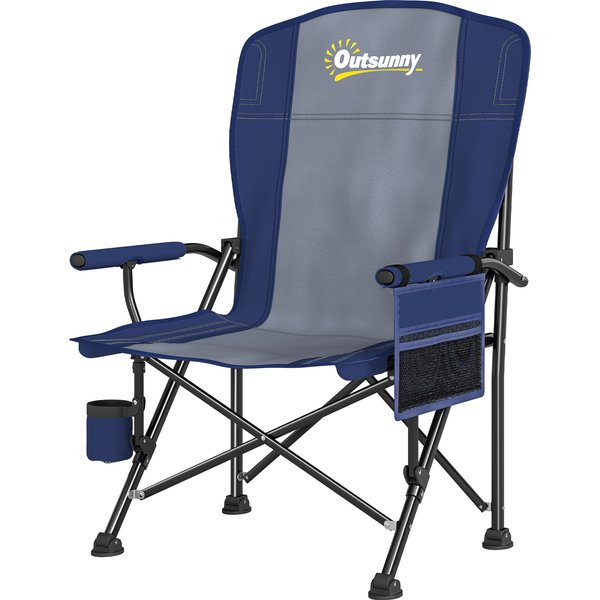 Outsunny Padded Camping Chair Adults Heavy Duty Folding Chair Side Pocket Cup Holder Carry Bag Outdoor Dark Blue