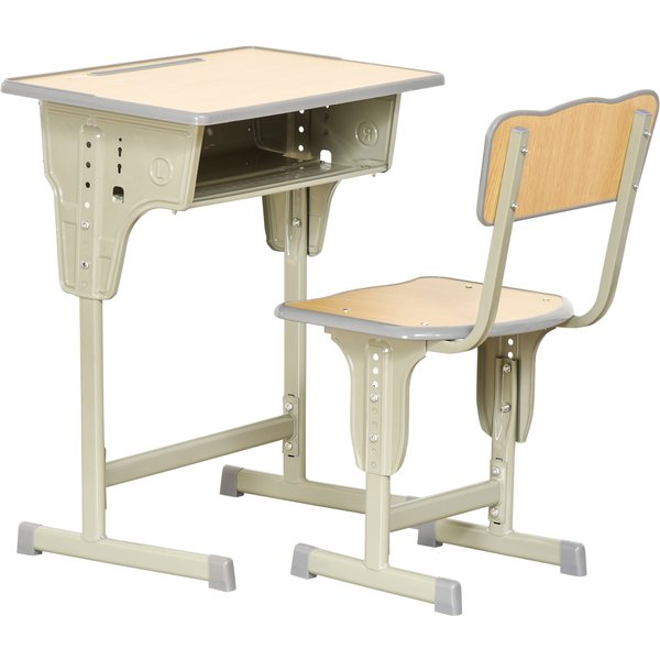 HOMCOM Vintage school-desk style children's desk & chair set - adjustable - storage compartment, bag bracket, pen holder - khaki steel, MDF light wood effect | Aosom Ireland