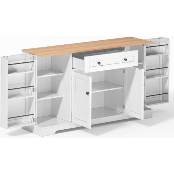 Multifunktionales Küchenbuffet, mit Schublade und Regaltüren, Modernes Design, 138x40x85 cm, Weiß+Naturfarbe