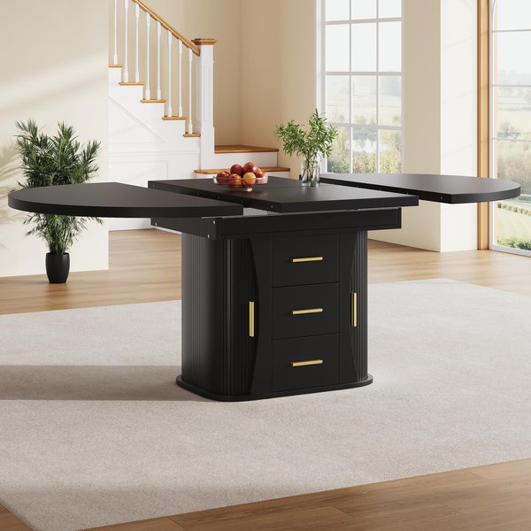 Extendable Dining Table with 3-Tier Hidden Storage and Oval Extension, Round Kitchen Table for 6 People, 118-158L x 118W x 77H cm, Black Aosom UK