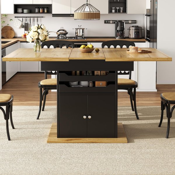 Telescopic Dining Table with Pull-Out Drawers & Integrated Cabinet, Extendable Kichen Table for 4-6 people, 110-140L x 80W x 76H cm, Black Aosom UK