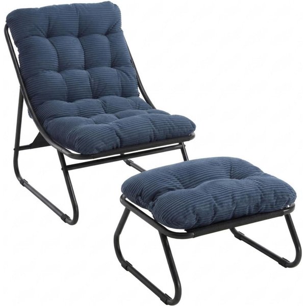 Outdoor-Lounge-Sessel mit Hocker, Polsterkissen, Sling-Gewebe, Stahlrahmen, Marineblau
