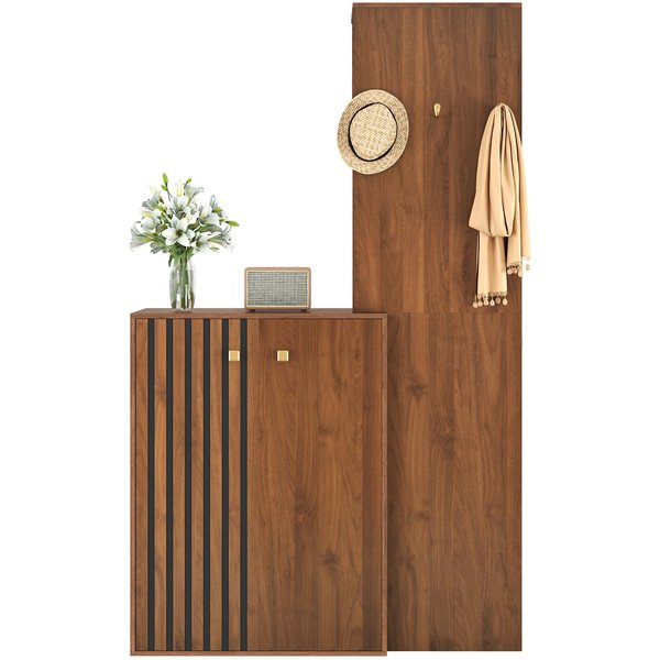 Kompaktgarderobe mit Schuhschrank, Kleiderstange, Haken und verstellbaren Böden, 115x38,5x191,5 cm, Naturfarbe