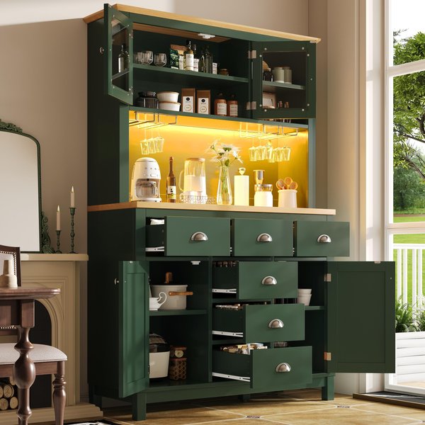 Farmhouse Style Sideboard with Spacious Shelves and Drawers, Versatile Storage Cabinet with Drink Holders, 104L x 40W x 180H cm, Green Aosom UK