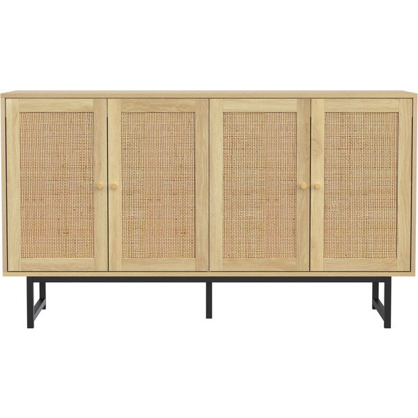 Sideboard mit Rattangeflecht, 4 Türen, verstellbare Böden, Metallbeine, 140x39,5x80 cm, Naturfarbe