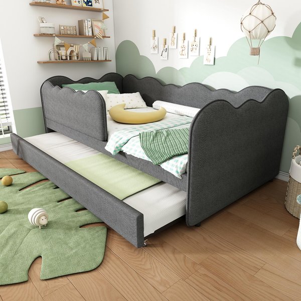 Upholstered Daybed with Pull-Out Trundle & Removable Front Rail, Space-Saving Sofa Bed for Compact Flats, 197L x 99W x 70H cm, Grey Aosom UK