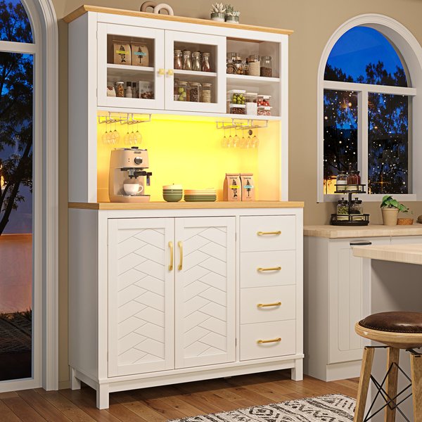 Stylish Sideboard with App-Controlled Built-In LED Light Strip, Practical Cabinet for Kitchen & Living Area, 105.5L x 40W x 180H cm, White Aosom UK
