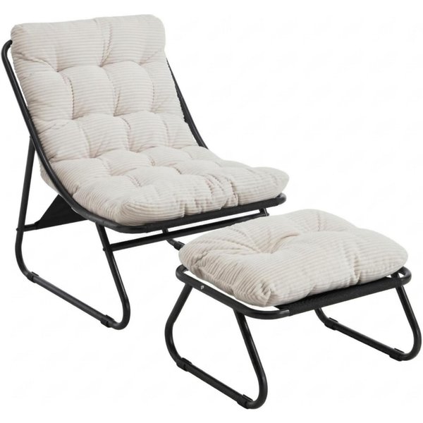Outdoor-Lounge-Sessel mit Hocker, Polsterkissen, Sling-Gewebe, Stahlrahmen, Weiß