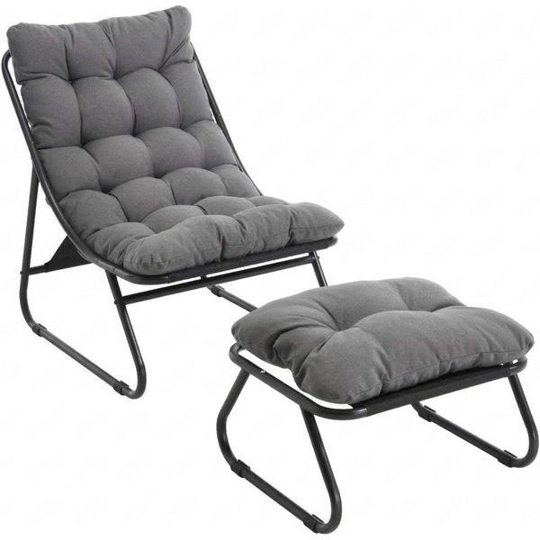 Outdoor-Lounge-Sessel mit Hocker, Polsterkissen, Sling-Gewebe, Stahlrahmen, Grau