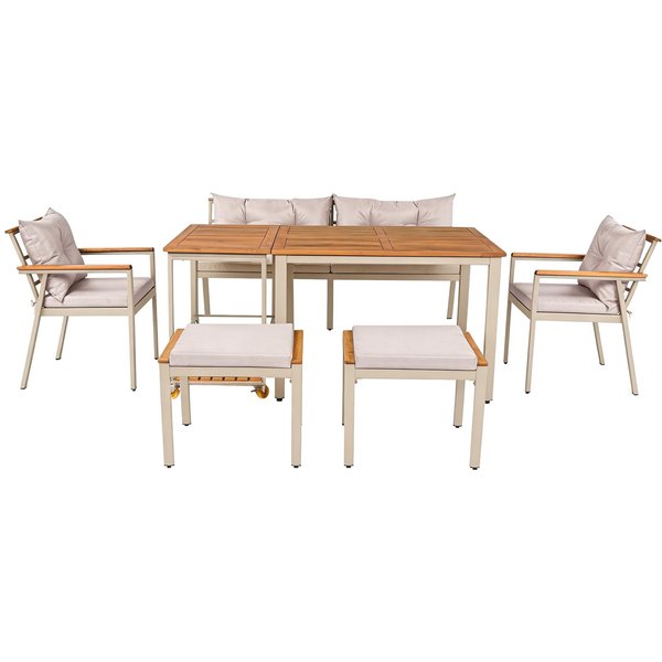 6-7-Sitzer-Garten-Esstisch- und Stuhlset, Gartenmöbel mit Sesseln und abnehmbarem Esswagen, Beige+Naturfarbe