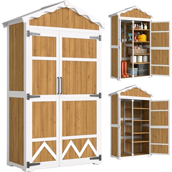 Outsunny Abri De Jardin En Bois 105X55X179 Cm Armoire à Outils Avec 4 ÉTagèRes Toit En MéTal Galvanisé Naturel-image