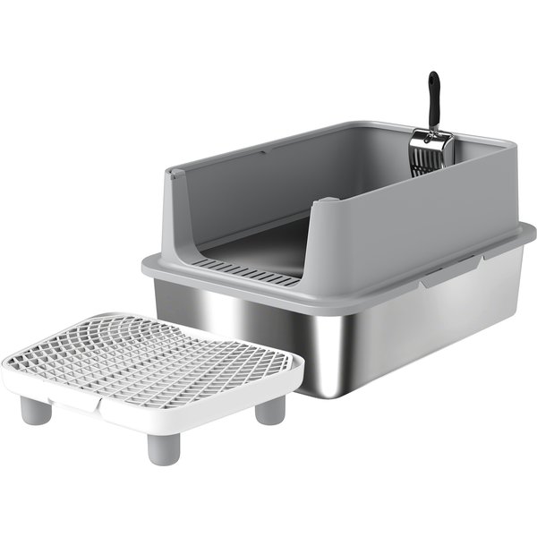 PawHut XL Katzentoilette aus Edelstahl, Katzentoilette für große Katzen, hohe Seitenwände, Trittplatte und Filtermatten gegen Streuverlust, Schaufel, einfache Reinigung, 60,2x40,2x29,6cm, Grau Aosom
