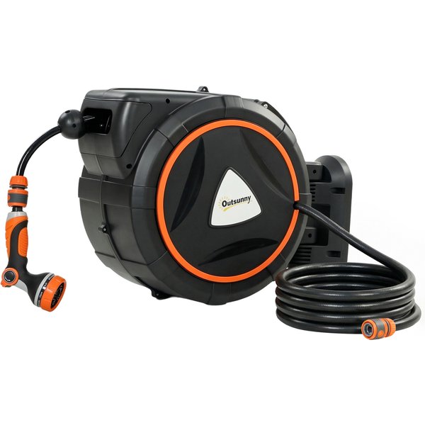 Outsunny Schlauchaufroller 23+2 m mit 12 Sprühmodi, Wand-Schlauchhaspel mit automatischer Verriegelung und kontrollierter Rückführung, 180° schwenkbarer Halter, Orange Aosom